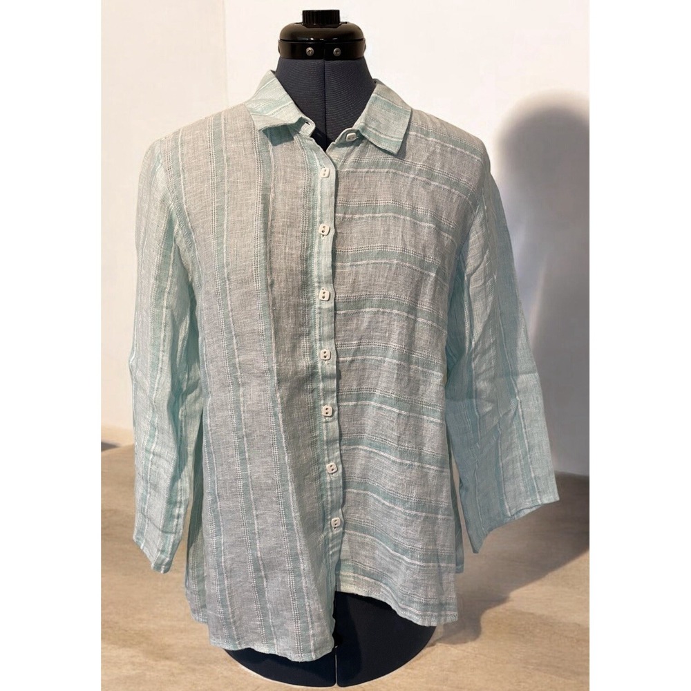 Habitat Seafoam Blue Striped Linen Button up Asymmetrical Tunic Coastal Artsy S